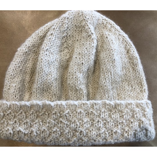 Handmade 100% Alpaca Beanie, White with check band