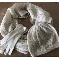 100% Baby Alpaca Gloves, Beanie and Cowl Lace Design Complete Set, Cream